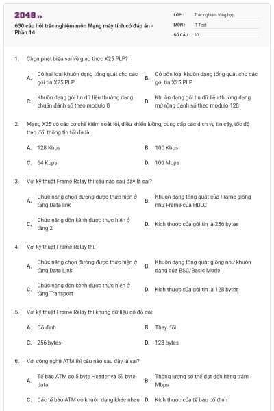 630 câu hỏi trắc nghiệm môn Mạng máy tính có đáp án - Phần 14