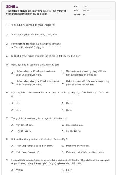 Trắc nghiệm chuyên đề Hóa 9 Chủ đề 3: Bài tập lý thuyết về Hidrocacbon và nhiên liệu có đáp án