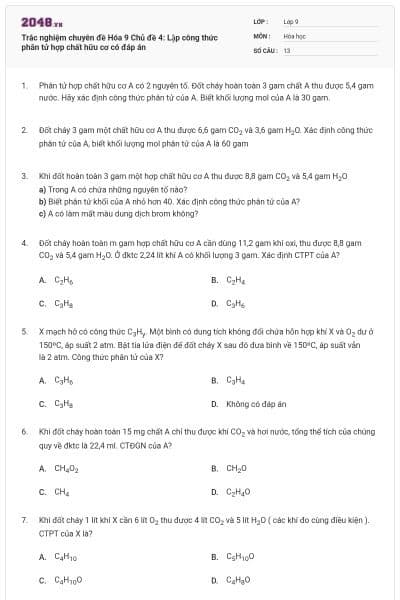 Trắc nghiệm chuyên đề Hóa 9 Chủ đề 4: Lập công thức phân tử hợp chất hữu cơ có đáp án