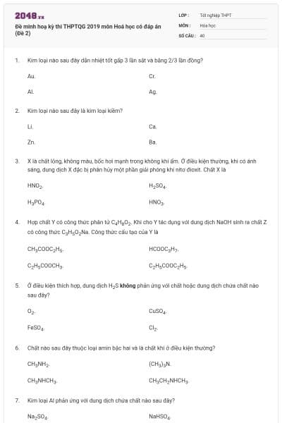 Đề minh hoạ kỳ thi THPTQG 2019 môn Hoá học có đáp án (Đề 2)
