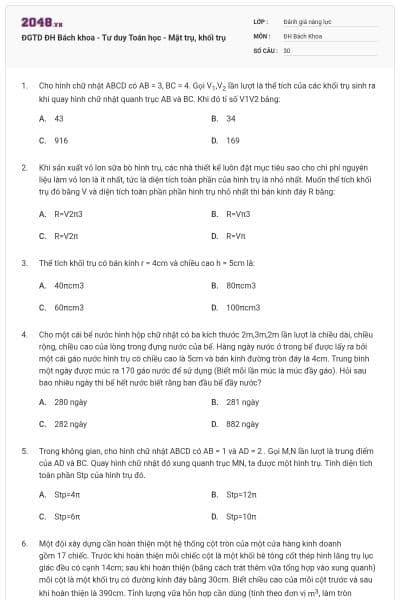 ĐGTD ĐH Bách khoa - Tư duy Toán học - Mặt trụ, khối trụ