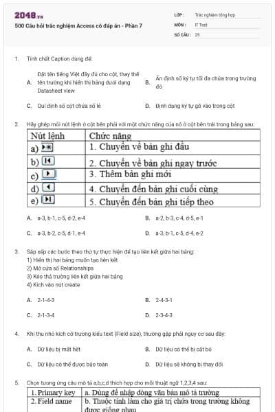 500 Câu hỏi trắc nghiệm Access có đáp án - Phần 7