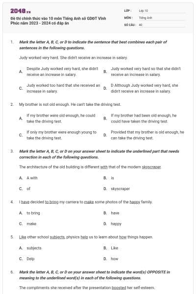 Đề thi chính thức vào 10 môn Tiếng Anh sở GDĐT Vĩnh Phúc năm 2023 - 2024 có đáp án
