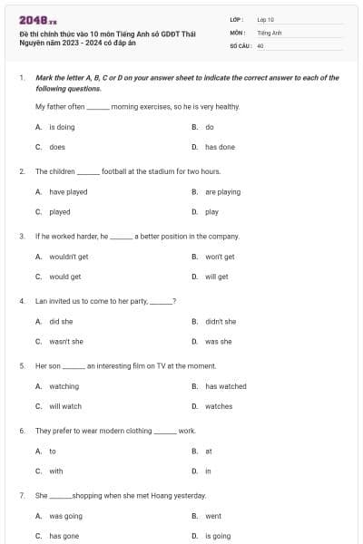 Đề thi chính thức vào 10 môn Tiếng Anh sở GDĐT Thái Nguyên năm 2023 - 2024 có đáp án