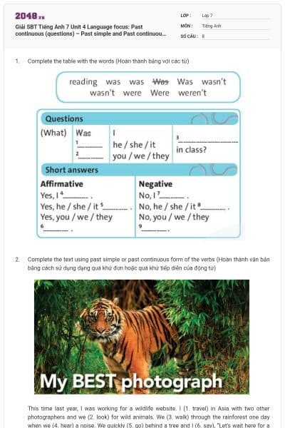 Giải SBT Tiếng Anh 7 Unit 4 Language focus: Past continuous (questions) – Past simple and Past continuous có đáp án