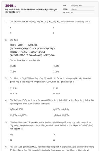 Bộ 10 đề 8 điểm thi thử THPTQG 2019 Hóa Học có lời giải chi tiết (đề số 4)