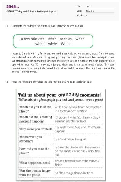Giải SBT Tiếng Anh 7 Unit 4 Writing có đáp án