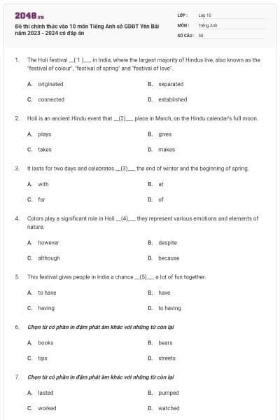 Đề thi chính thức vào 10 môn Tiếng Anh sở GDĐT Yên Bái năm 2023 - 2024 có đáp án