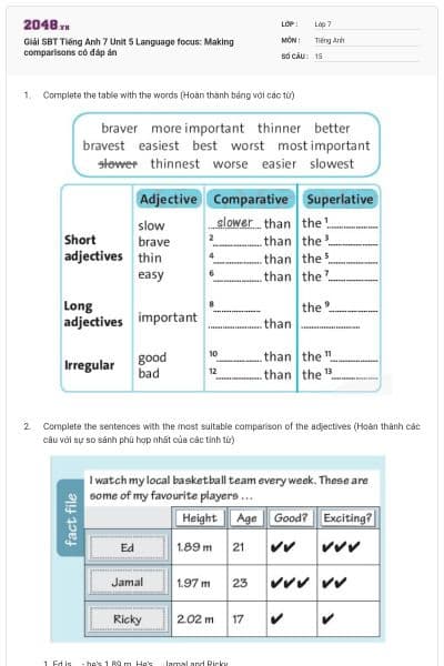 Giải SBT Tiếng Anh 7 Unit 5 Language focus: Making comparisons có đáp án