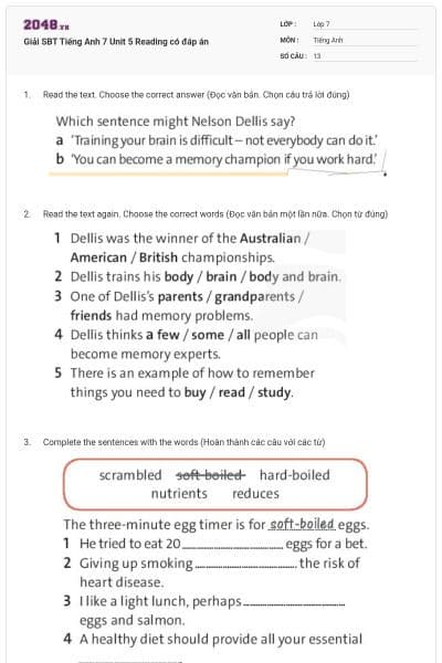 Giải SBT Tiếng Anh 7 Unit 5 Reading có đáp án