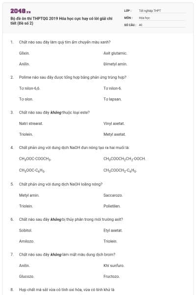 Bộ đề ôn thi THPTQG 2019 Hóa học cực hay có lời giải chi tiết (Đề số 2)