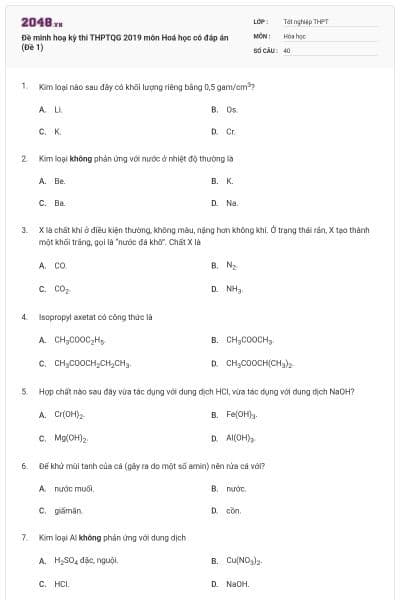 Đề minh hoạ kỳ thi THPTQG 2019 môn Hoá học có đáp án (Đề 1)