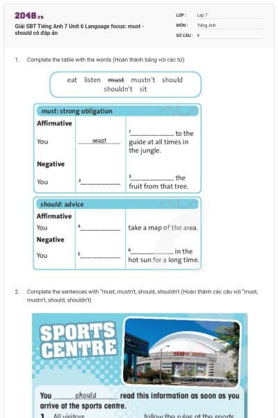 Giải SBT Tiếng Anh 7 Unit 6 Language focus: must - should có đáp án