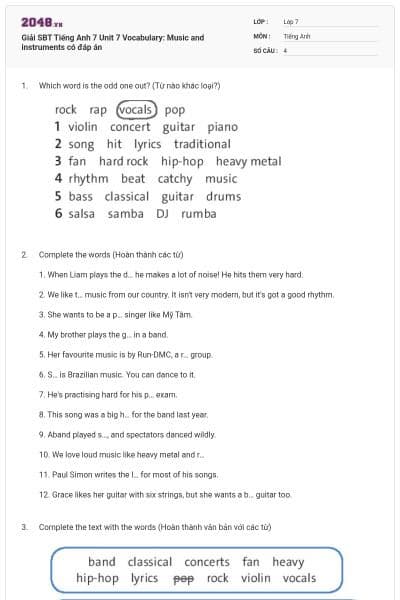 Giải SBT Tiếng Anh 7 Unit 7 Vocabulary: Music and instruments có đáp án
