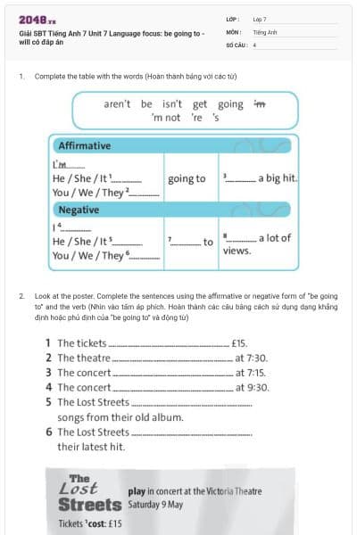 Giải SBT Tiếng Anh 7 Unit 7 Language focus: be going to - will có đáp án