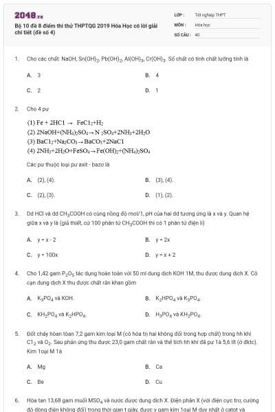 Bộ 10 đề 8 điểm thi thử THPTQG 2019 Hóa Học có lời giải chi tiết (đề số 4)