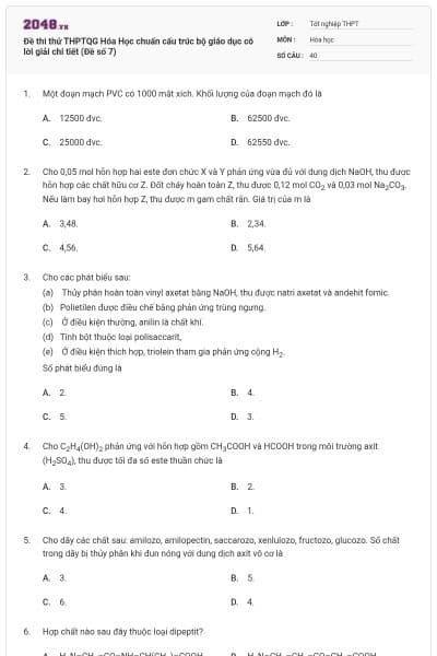 Đề thi thử THPTQG Hóa Học chuẩn cấu trúc bộ giáo dục có lời giải chi tiết (Đề số 7)
