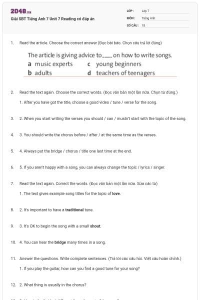 Giải SBT Tiếng Anh 7 Unit 7 Reading có đáp án