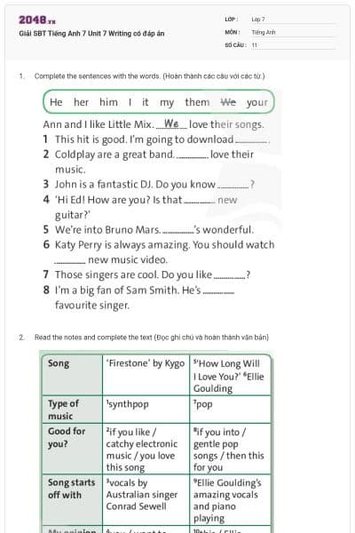 Giải SBT Tiếng Anh 7 Unit 7 Writing có đáp án
