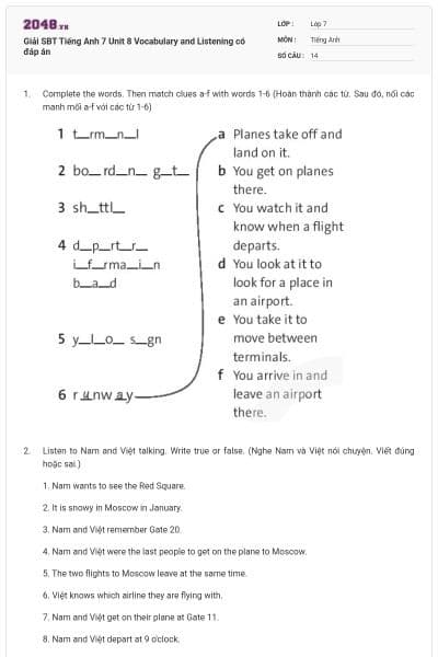 Giải SBT Tiếng Anh 7 Unit 8 Vocabulary and Listening có đáp án