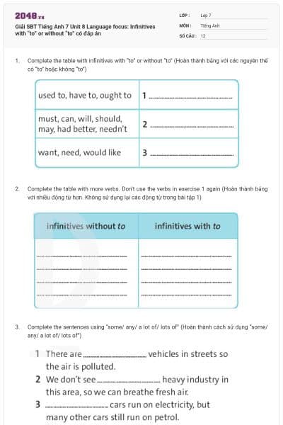 Giải SBT Tiếng Anh 7 Unit 8 Language focus: Infinitives with “to” or without “to” có đáp án