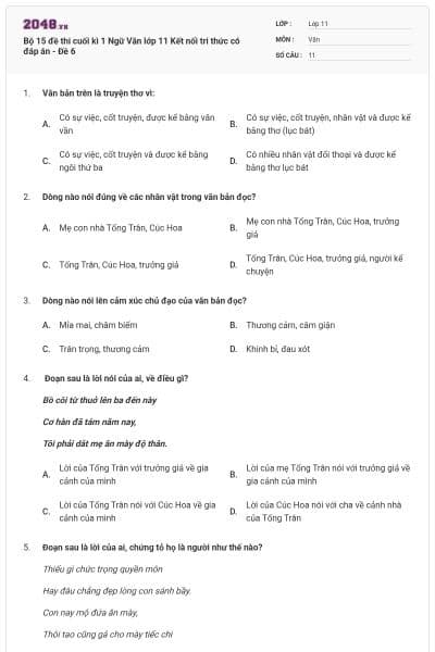 Bộ 15 đề thi cuối kì 1 Ngữ Văn lớp 11 Kết nối tri thức có đáp án - Đề 6