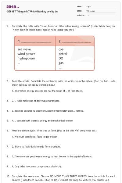 Giải SBT Tiếng Anh 7 Unit 8 Reading có đáp án