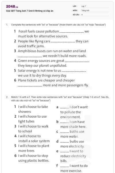 Giải SBT Tiếng Anh 7 Unit 8 Writing có đáp án