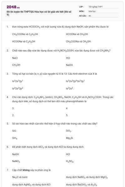 Đề ôn luyện thi THPTQG Hóa học có lời giải chi tiết (Đề số 9)