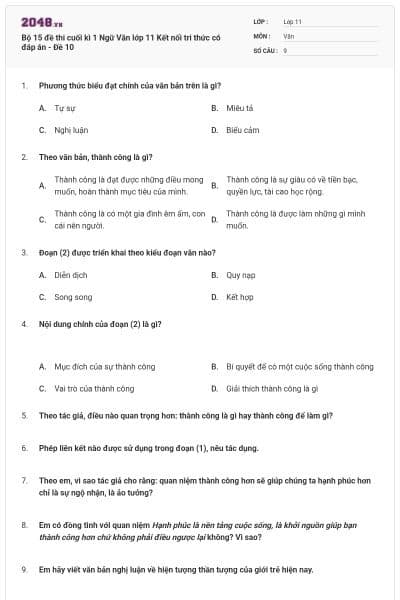 Bộ 15 đề thi cuối kì 1 Ngữ Văn lớp 11 Kết nối tri thức có đáp án - Đề 10