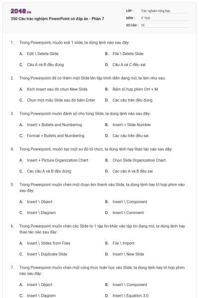 350 Câu trắc nghiệm PowerPoint có đáp án  - Phần 7