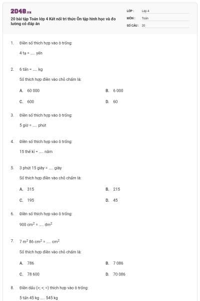 20 bài tập Toán lớp 4 Kết nối tri thức Ôn tập hình học và đo lường có đáp án