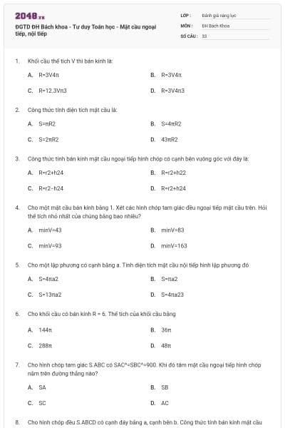 ĐGTD ĐH Bách khoa - Tư duy Toán học - Mặt cầu ngoại tiếp, nội tiếp