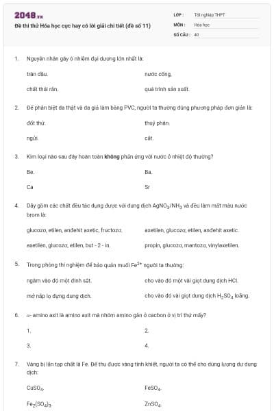 Đề thi thử Hóa học cực hay có lời giải chi tiết (đề số 11)