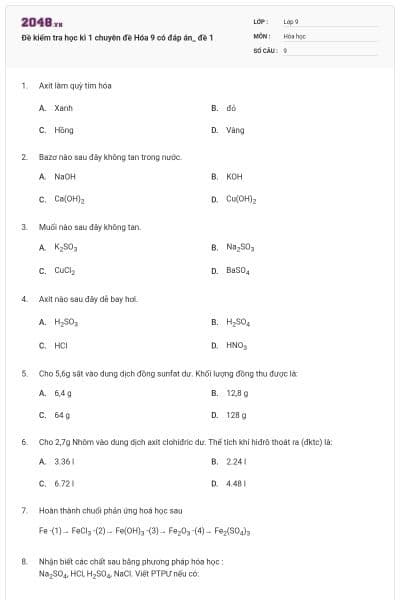 Đề kiểm tra học kì 1 chuyên đề Hóa 9 có đáp án_ đề 1