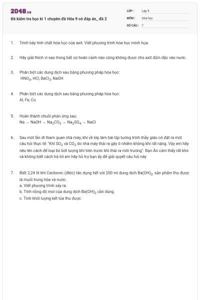 Đề kiểm tra học kì 1 chuyên đề Hóa 9 có đáp án_ đề 2