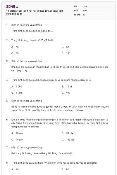 11 bài tập Toán lớp 4 Kết nối tri thức Tìm số trung bình cộng có đáp án