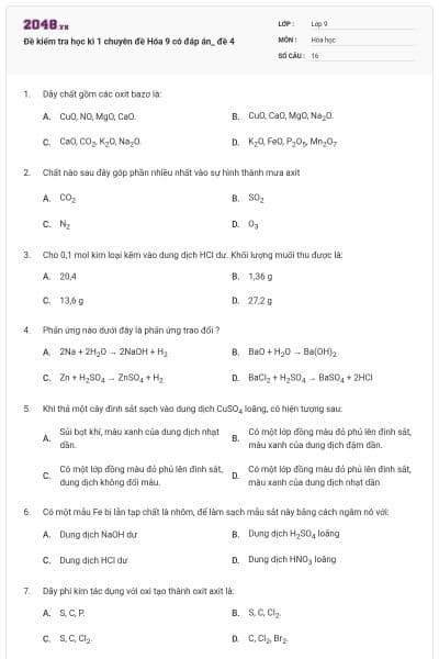 Đề kiểm tra học kì 1 chuyên đề Hóa 9 có đáp án_ đề 4