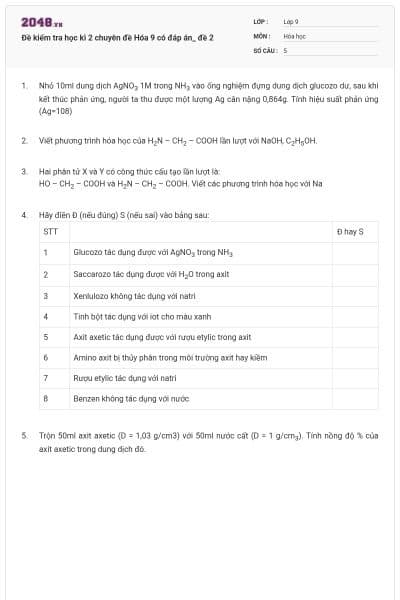 Đề kiểm tra học kì 2 chuyên đề Hóa 9 có đáp án_ đề 2