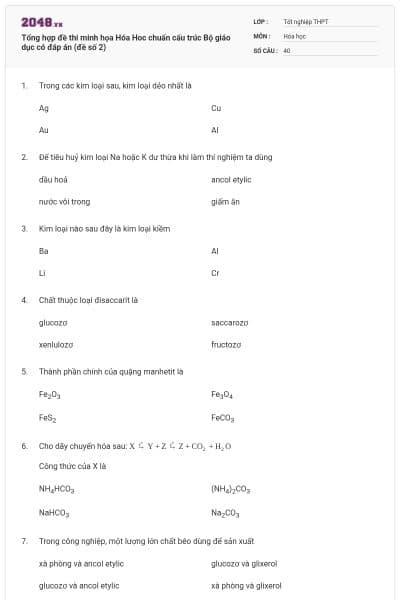 Tổng hợp đề thi minh họa Hóa Hoc chuẩn cấu trúc Bộ giáo dục có đáp án (đề số 2)