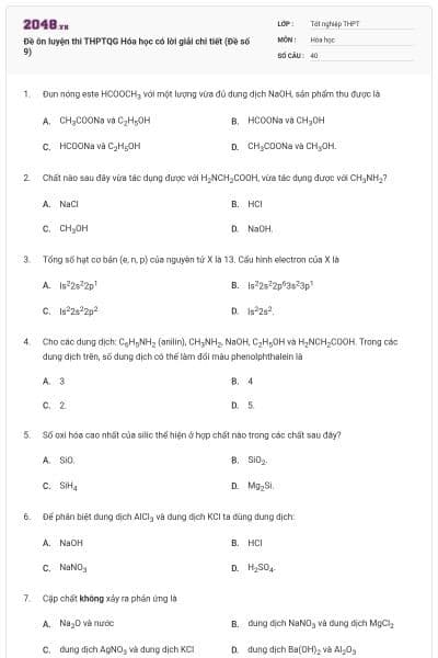 Đề ôn luyện thi THPTQG Hóa học có lời giải chi tiết (Đề số 9)