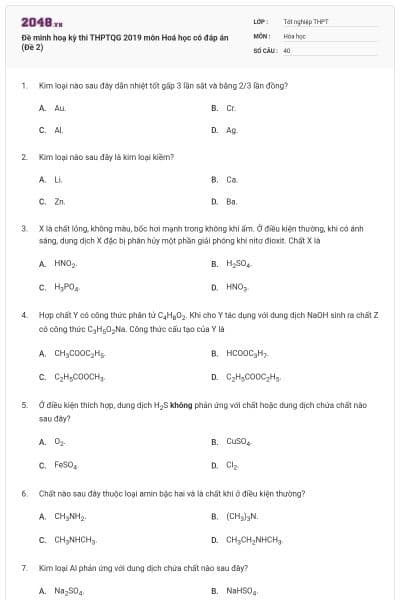 Đề minh hoạ kỳ thi THPTQG 2019 môn Hoá học có đáp án (Đề 2)