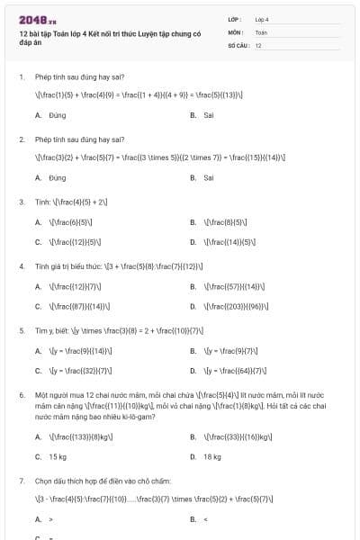 12 bài tập Toán lớp 4 Kết nối tri thức Luyện tập chung có đáp án