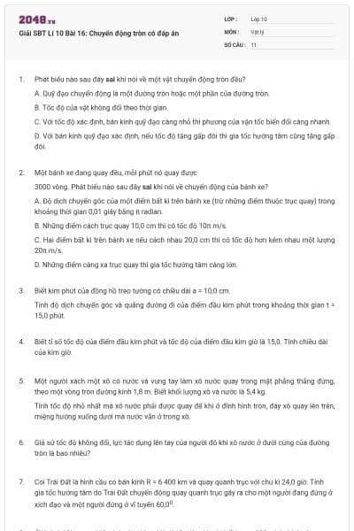 Giải SBT Lí 10 Bài 16: Chuyển động tròn có đáp án
