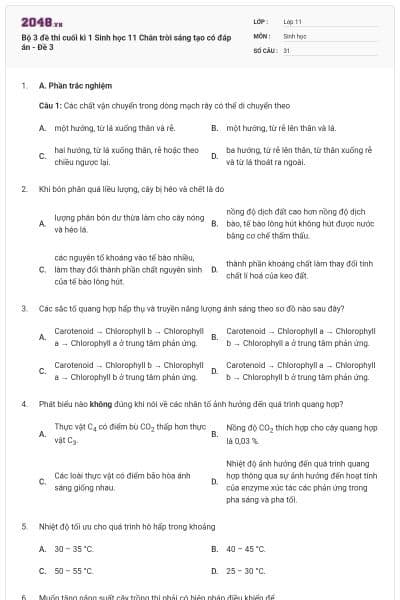 Bộ 3 đề thi cuối kì 1 Sinh học 11 Chân trời sáng tạo có đáp án - Đề 3