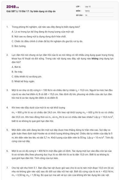 Giải SBT Lí 10 Bài 17: Sự biến dạng có đáp án