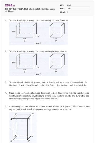 Giải SBT Toán 7 Bài 1. Hình hộp chữ nhật. Hình lập phương có đáp án
