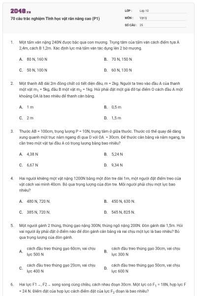 70 câu trắc nghiệm Tĩnh học vật rắn nâng cao (P1)