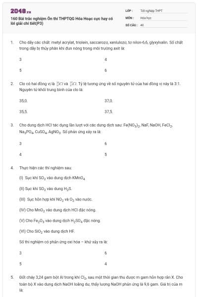 160 Bài trắc nghiệm Ôn thi THPTQG Hóa Hoạc cực hay có lời giải chi tiết(P3)