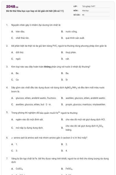 Đề thi thử Hóa học cực hay có lời giải chi tiết (đề số 11)